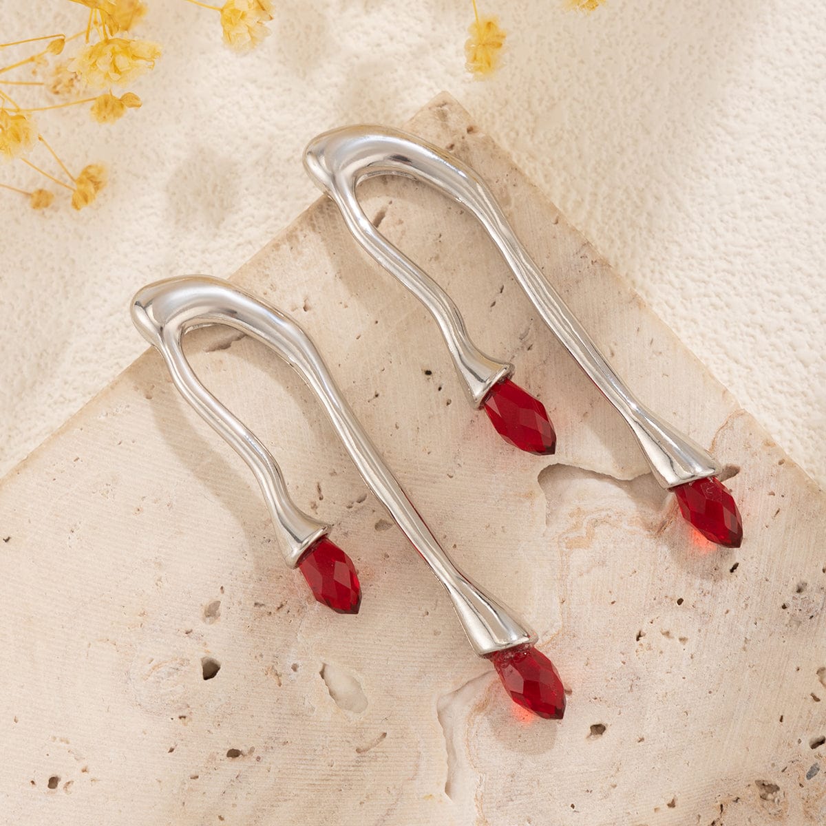 Geometric Silver Plated Red Crystal Flow Lava Earrings