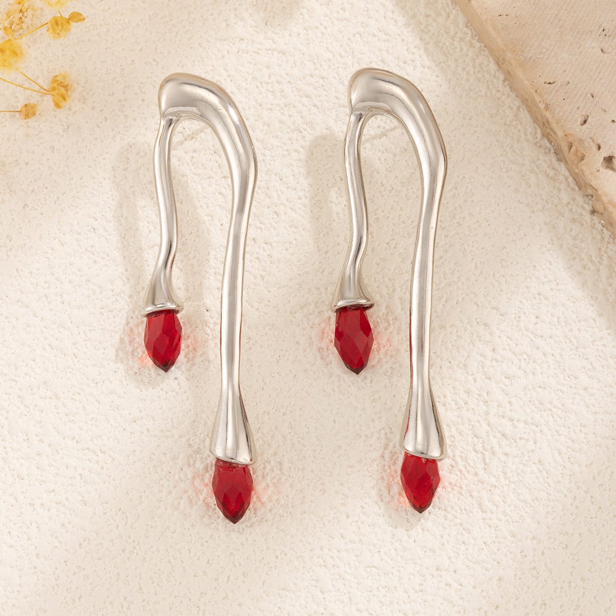 Geometric Silver Plated Red Crystal Flow Lava Earrings