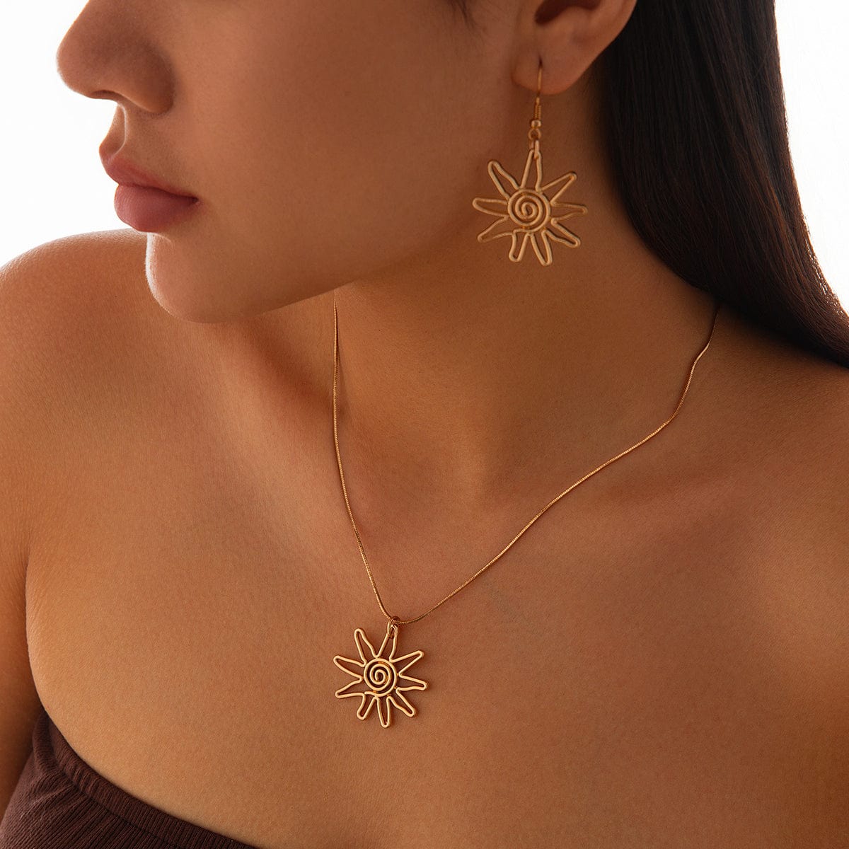 Geometric Spiral Sun Pendant Earrings Necklace Set