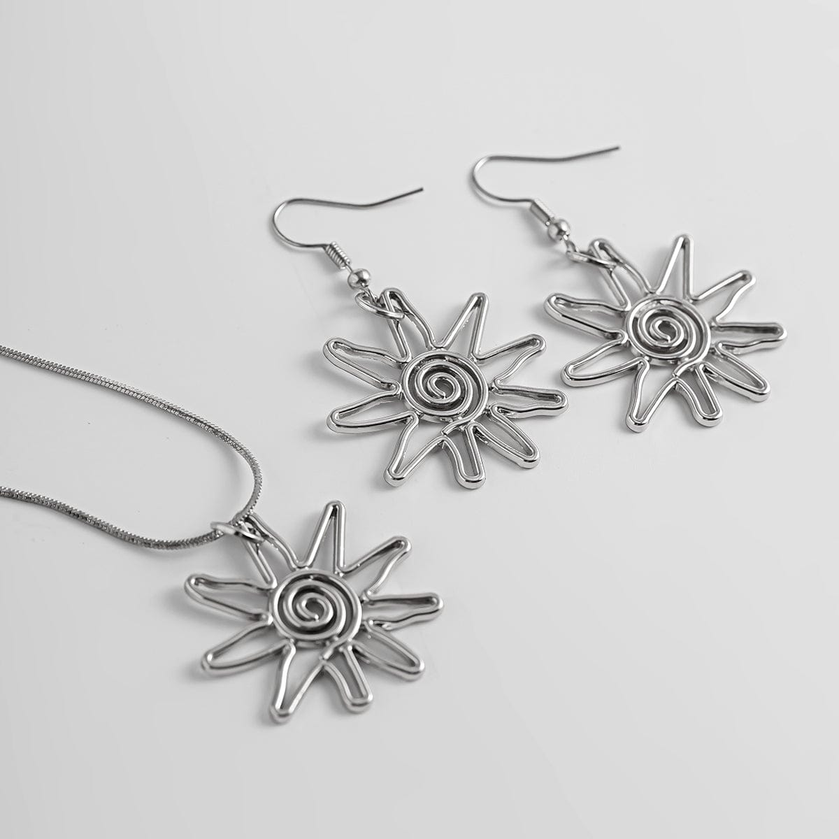 Geometric Spiral Sun Pendant Earrings Necklace Set