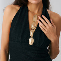 Thumbnail for Geometric Textured Irregular Oval Disk Charm Collar Choker Y Necklace - ArtGalleryZen