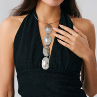 Thumbnail for Geometric Textured Irregular Oval Disk Charm Collar Choker Y Necklace - ArtGalleryZen