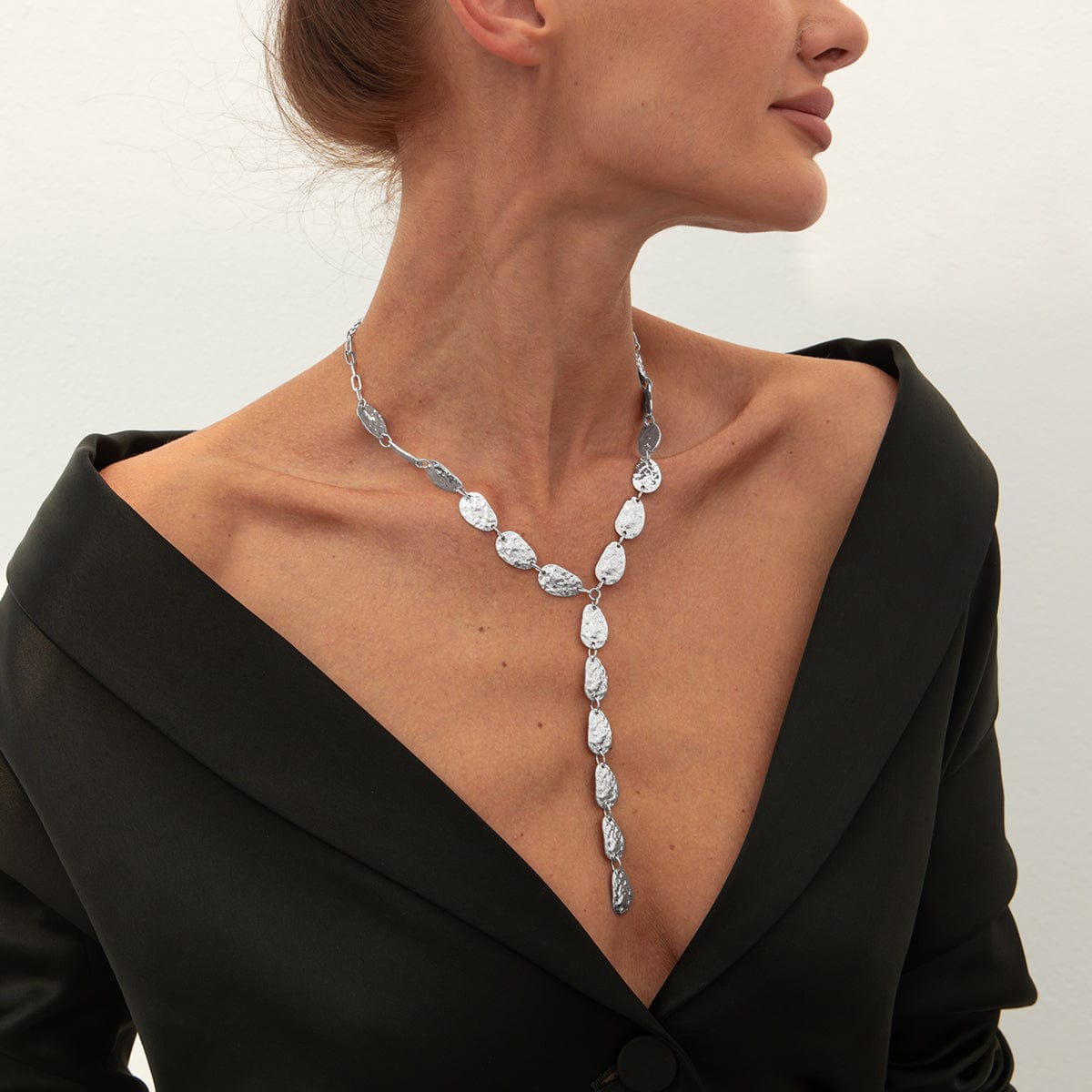 Geometric Textured Waterdrop Y Necklace - ArtGalleryZen