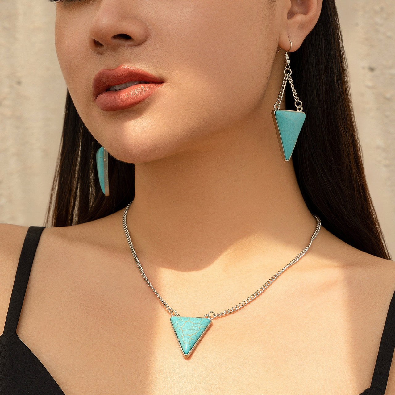 Geometric Triangle Turquoise Pendant Necklace Earrings Set