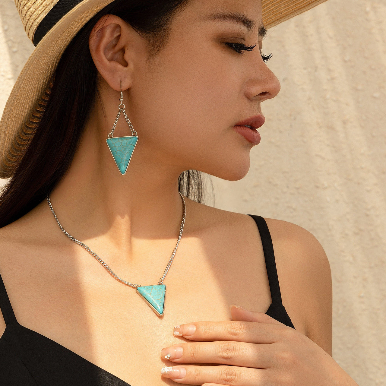 Geometric Triangle Turquoise Pendant Necklace Earrings Set