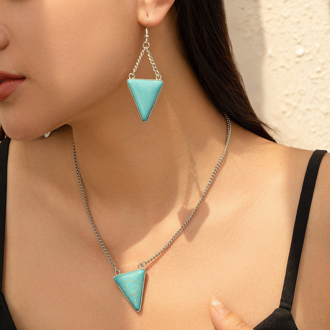 Geometric Triangle Turquoise Pendant Necklace Earrings Set