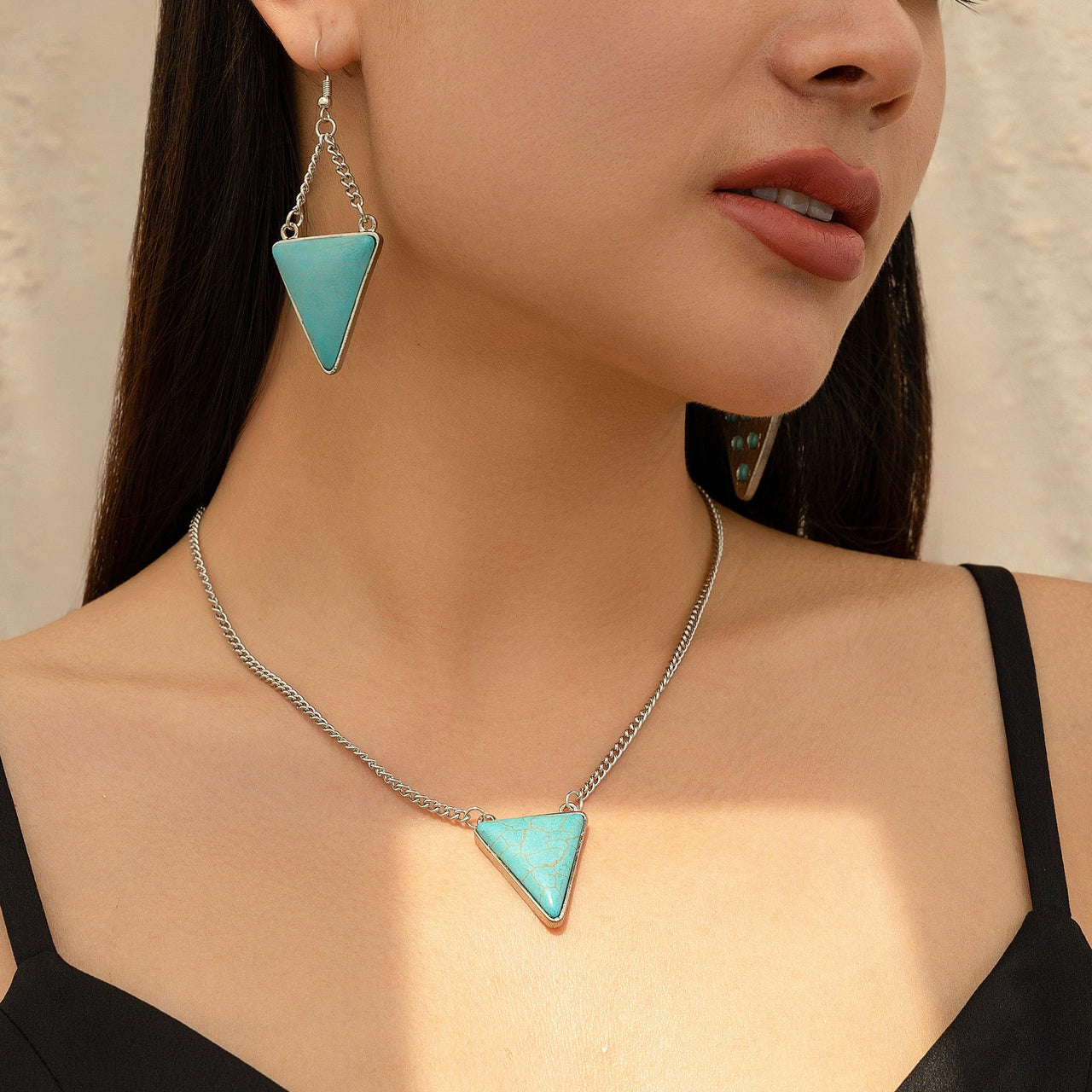 Geometric Triangle Turquoise Pendant Necklace Earrings Set