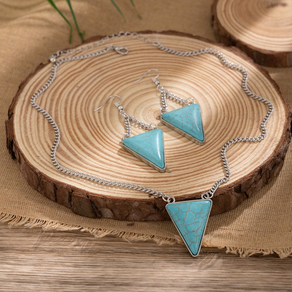 Geometric Triangle Turquoise Pendant Necklace Earrings Set