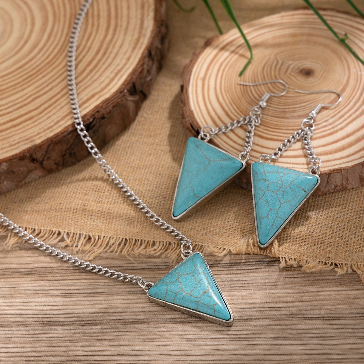 Geometric Triangle Turquoise Pendant Necklace Earrings Set