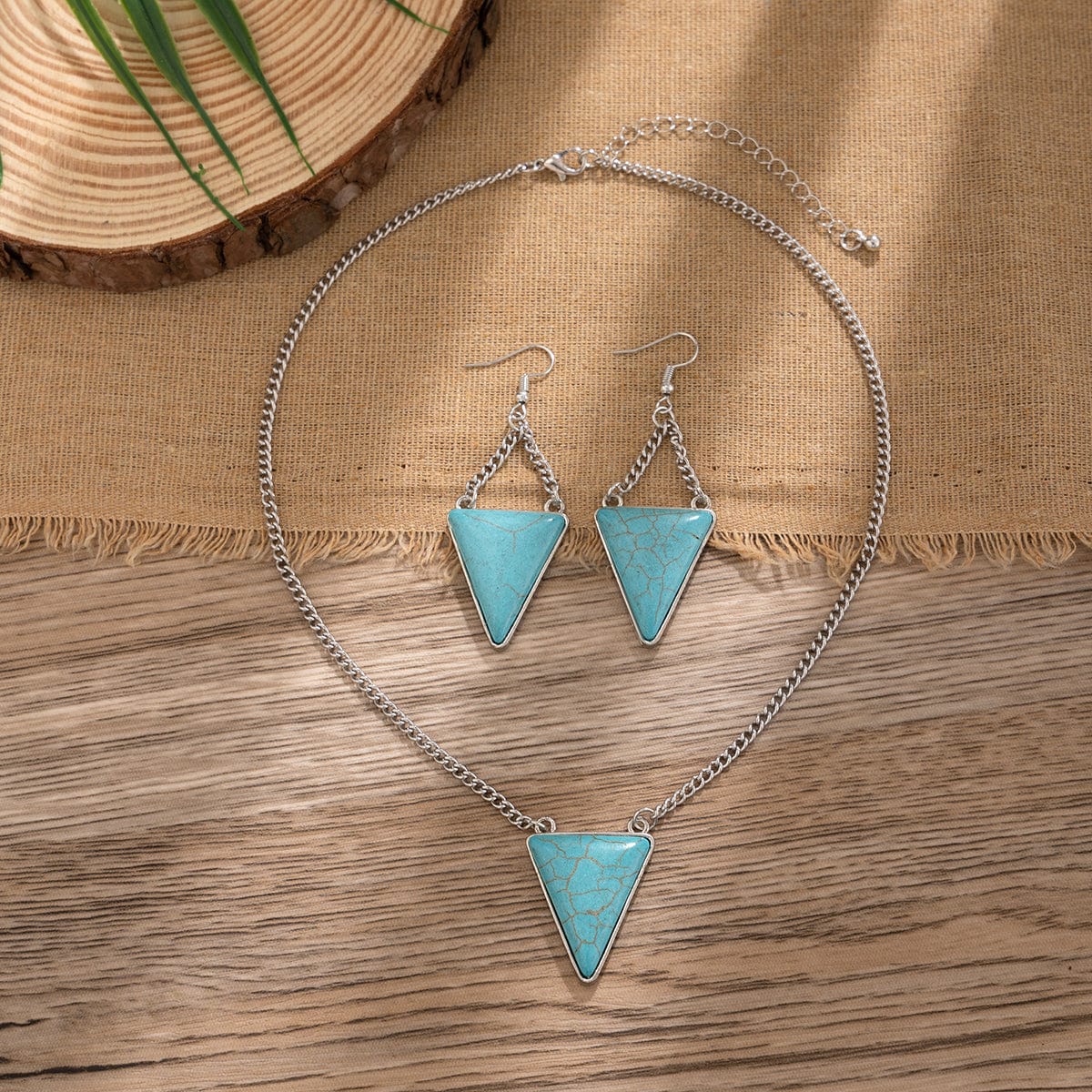 Geometric Triangle Turquoise Pendant Necklace Earrings Set