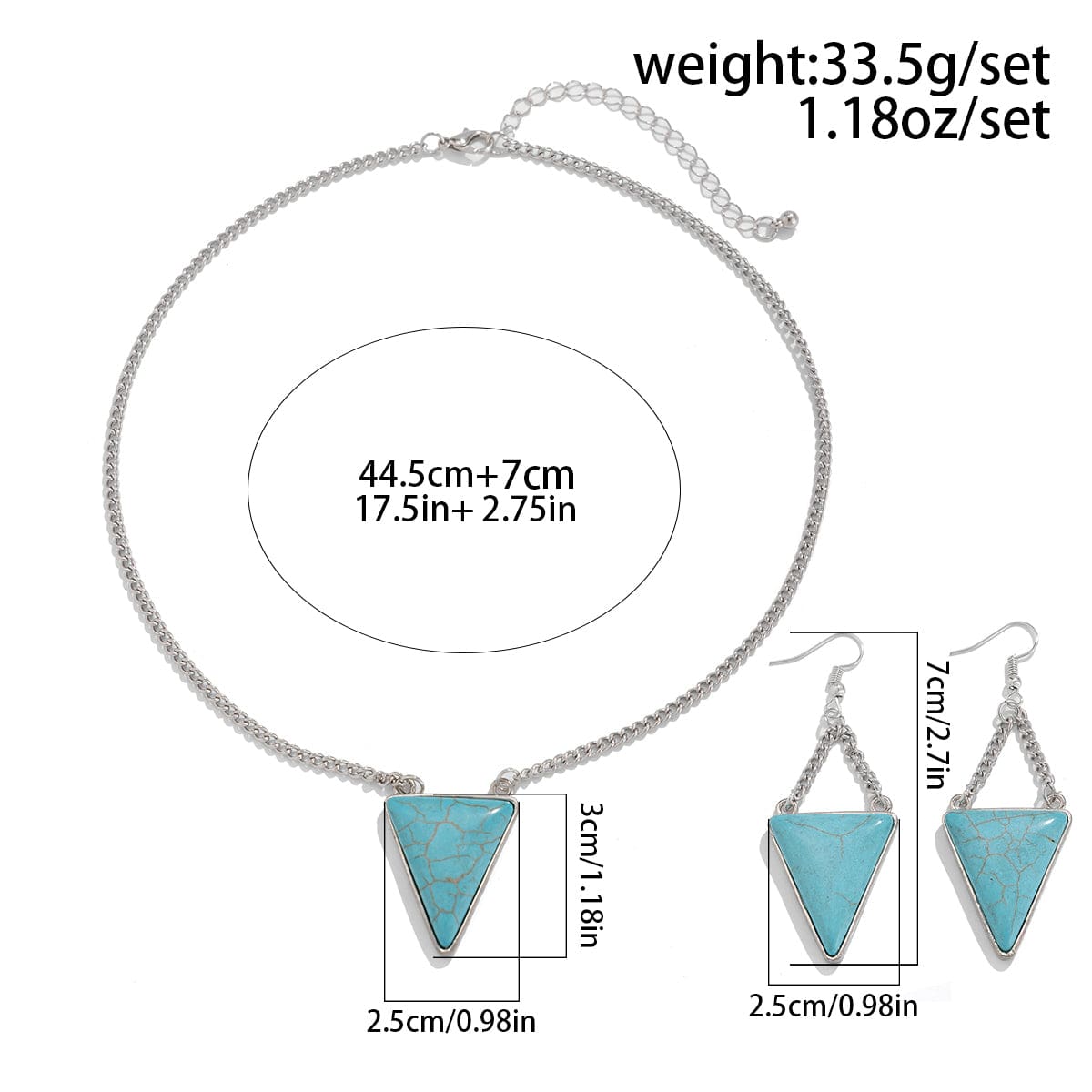 Geometric Triangle Turquoise Pendant Necklace Earrings Set