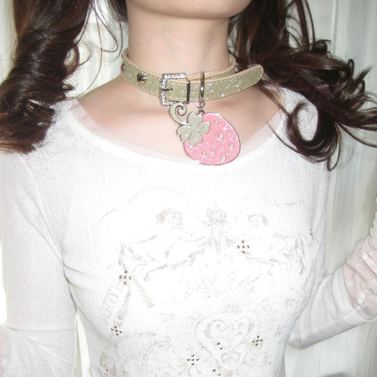 Glitter Enamel Strawberry Pendant PU Leather Collar Choker Necklace - ArtGalleryZen
