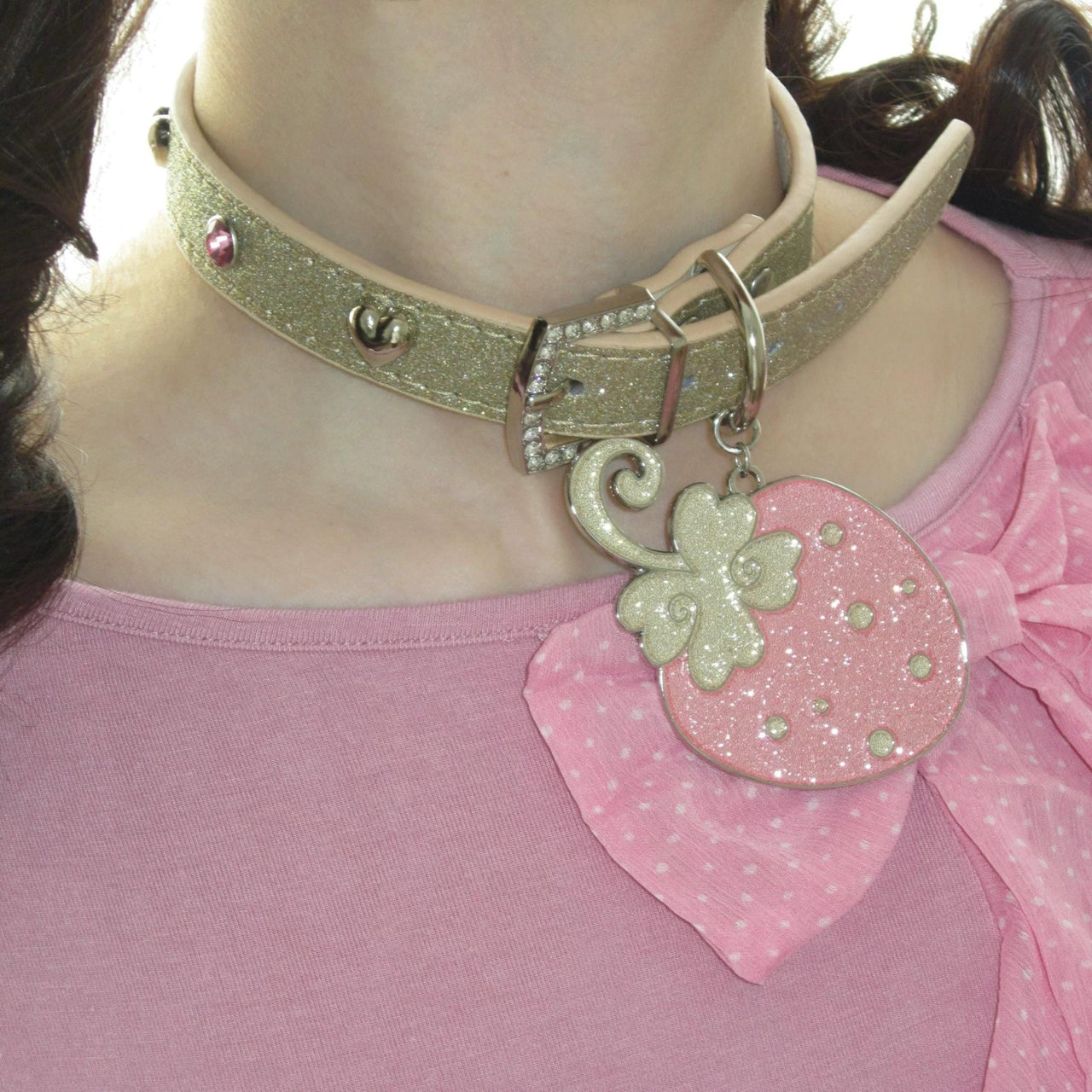 Glitter Enamel Strawberry Pendant PU Leather Collar Choker Necklace - ArtGalleryZen