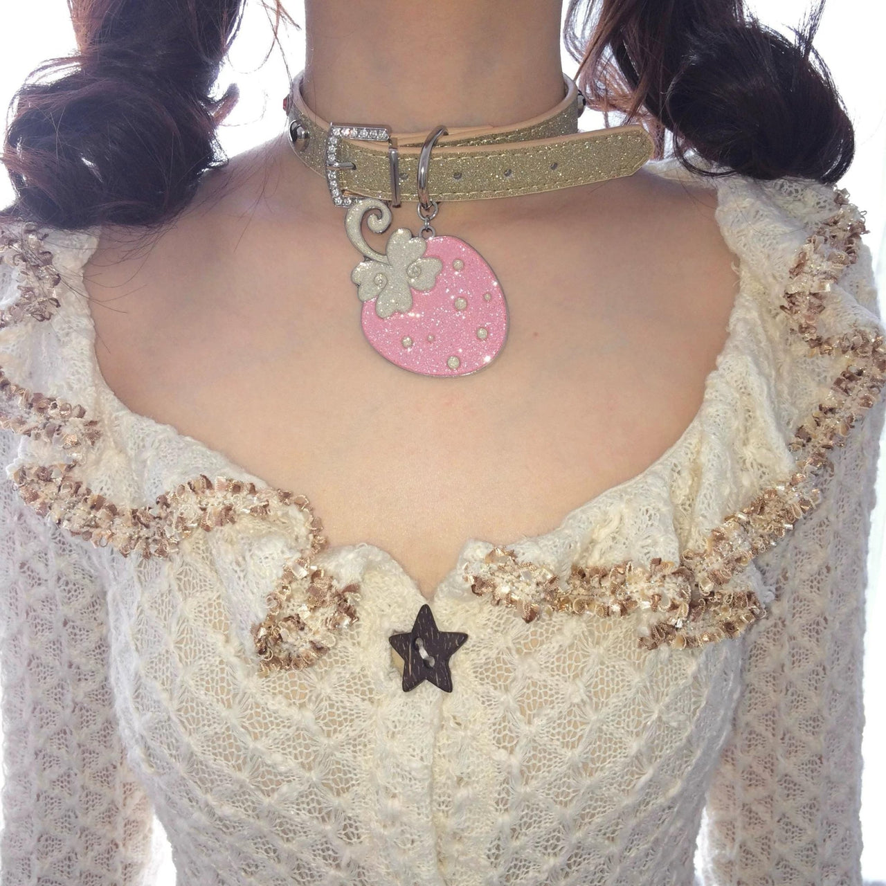 Glitter Enamel Strawberry Pendant PU Leather Collar Choker Necklace - ArtGalleryZen