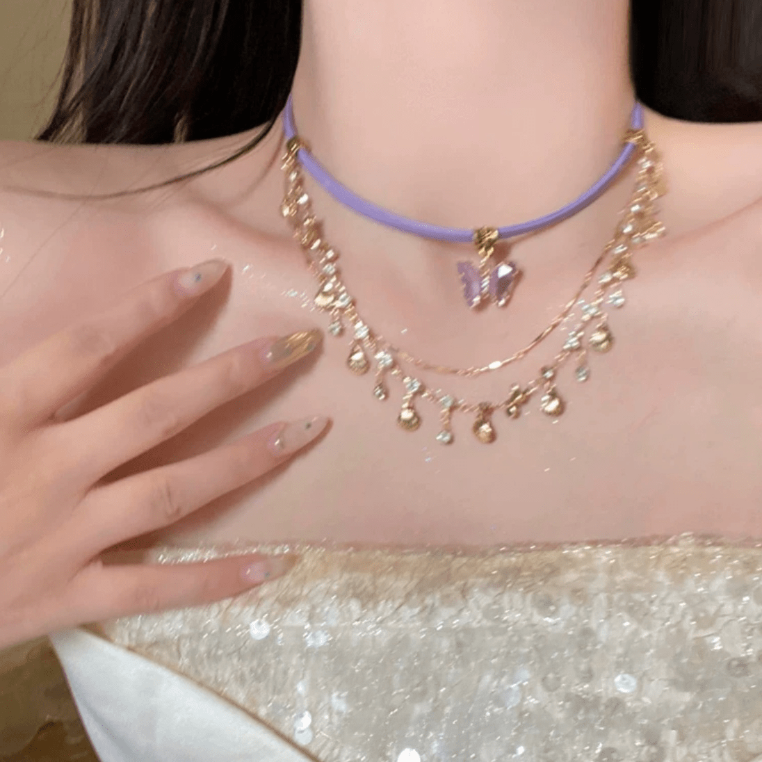 Glitter Layered Butterfly Shell Rhinestone Tassel Wax Cord Necklace - ArtGalleryZen