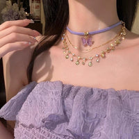 Thumbnail for Glitter Layered Butterfly Shell Rhinestone Tassel Wax Cord Necklace - ArtGalleryZen