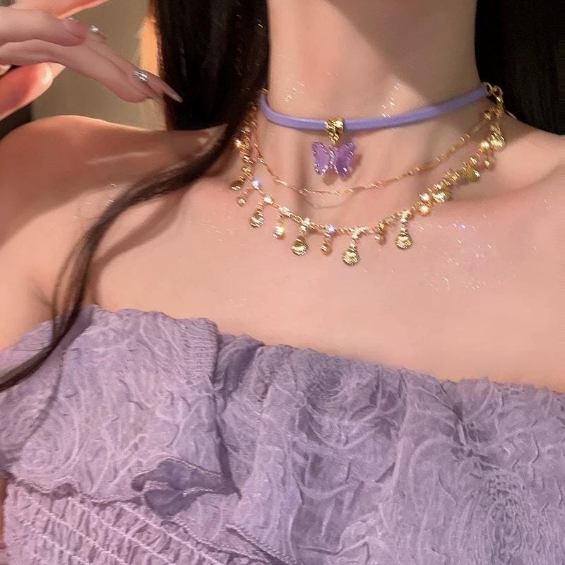 Glitter Layered Butterfly Shell Rhinestone Tassel Wax Cord Necklace - ArtGalleryZen