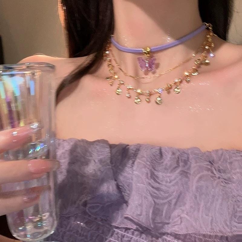 Glitter Layered Butterfly Shell Rhinestone Tassel Wax Cord Necklace - ArtGalleryZen