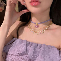 Thumbnail for Glitter Layered Butterfly Shell Rhinestone Tassel Wax Cord Necklace - ArtGalleryZen