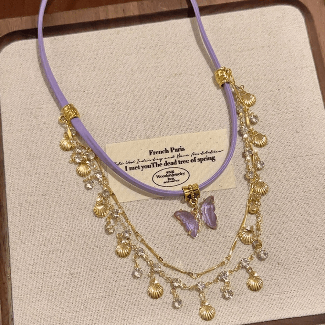 Glitter Layered Butterfly Shell Rhinestone Tassel Wax Cord Necklace - ArtGalleryZen