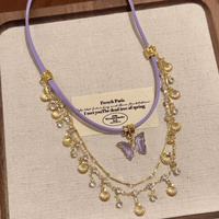 Thumbnail for Glitter Layered Butterfly Shell Rhinestone Tassel Wax Cord Necklace - ArtGalleryZen