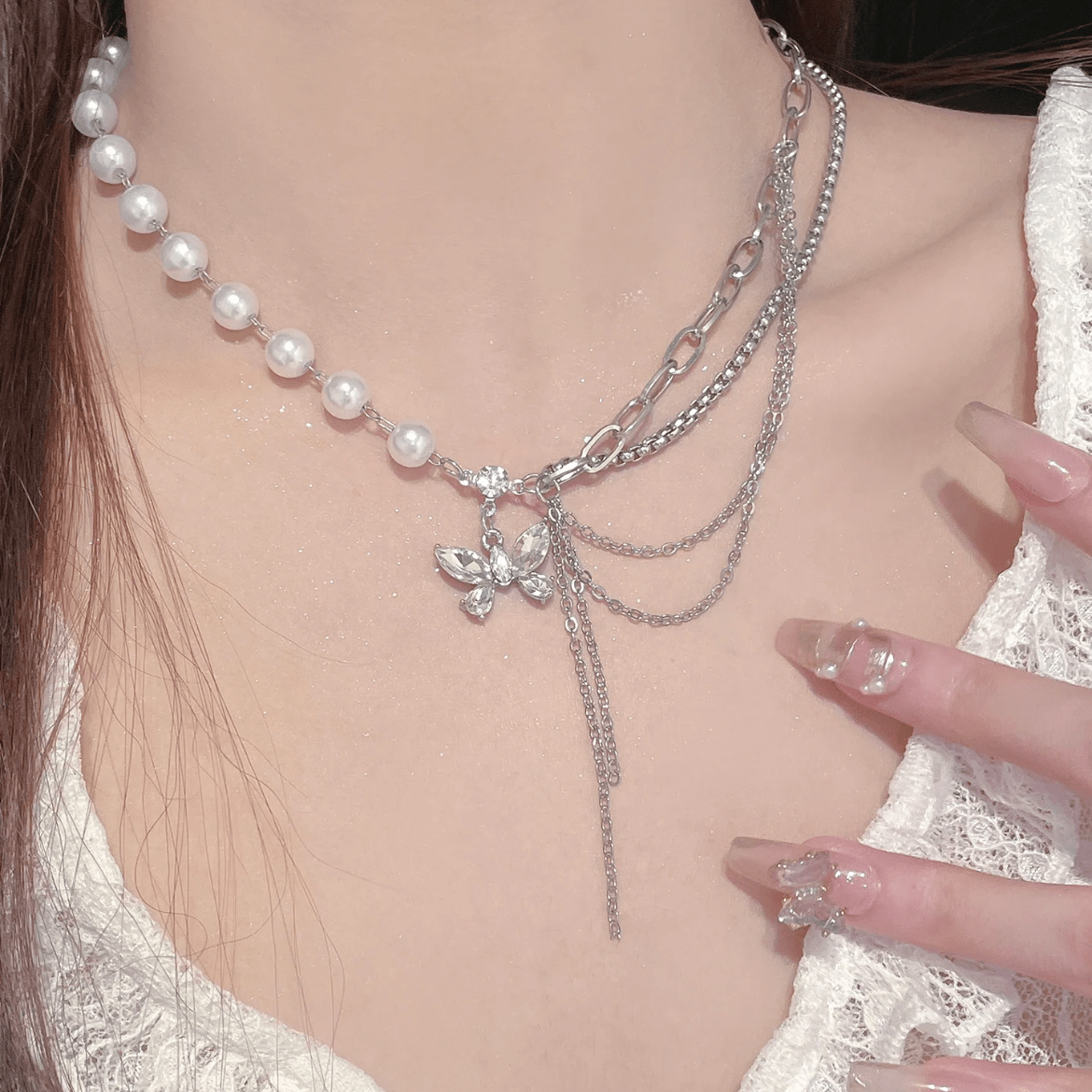 Glitter Layered Crystal Inlaid Butterfly Pearl Chain Y Necklace Ring Set - ArtGalleryZen