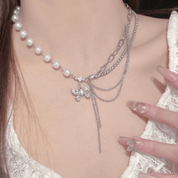 Thumbnail for Glitter Layered Crystal Inlaid Butterfly Pearl Chain Y Necklace Ring Set - ArtGalleryZen