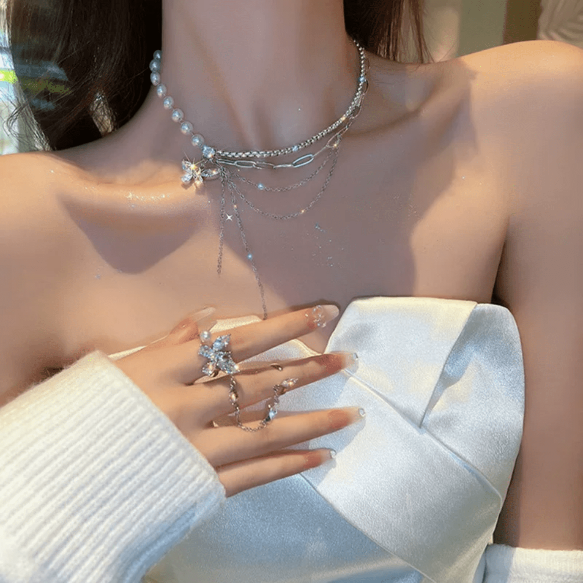 Glitter Layered Crystal Inlaid Butterfly Pearl Chain Y Necklace Ring Set - ArtGalleryZen