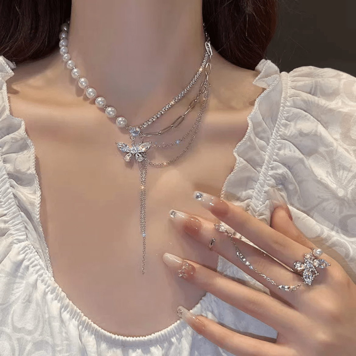 Glitter Layered Crystal Inlaid Butterfly Pearl Chain Y Necklace Ring Set