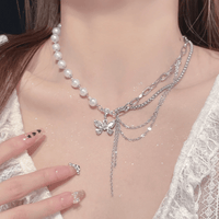 Thumbnail for Glitter Layered Crystal Inlaid Butterfly Pearl Chain Y Necklace Ring Set