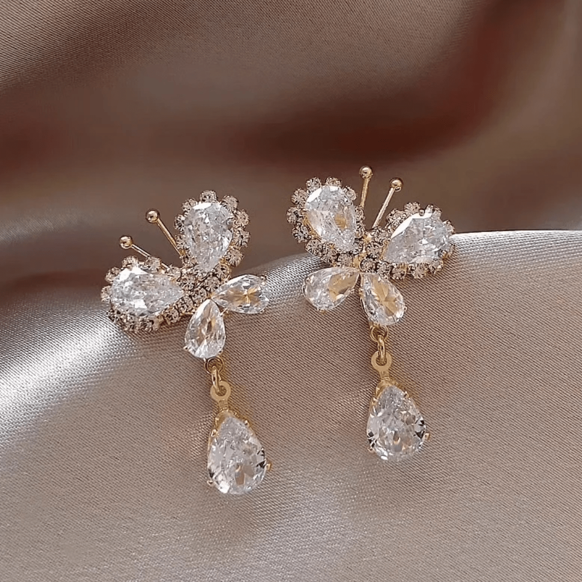 Glitter Rhinestone Dangle CZ Butterfly Earrings - ArtGalleryZen