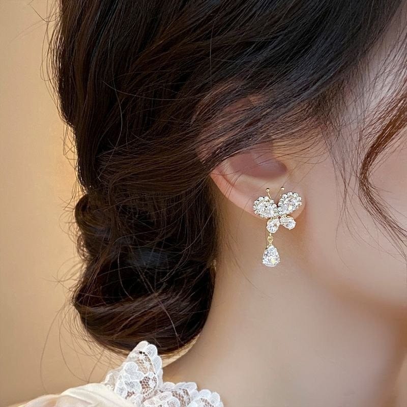 Glitter Rhinestone Dangle CZ Butterfly Earrings - ArtGalleryZen