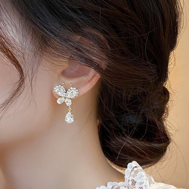 Glitter Rhinestone Dangle CZ Butterfly Earrings - ArtGalleryZen