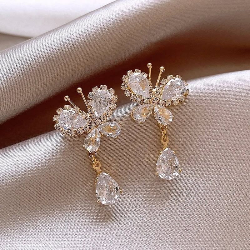 Glitter Rhinestone Dangle CZ Butterfly Earrings - ArtGalleryZen
