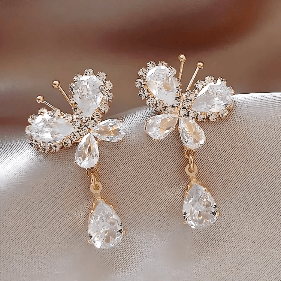 Glitter Rhinestone Dangle CZ Butterfly Earrings