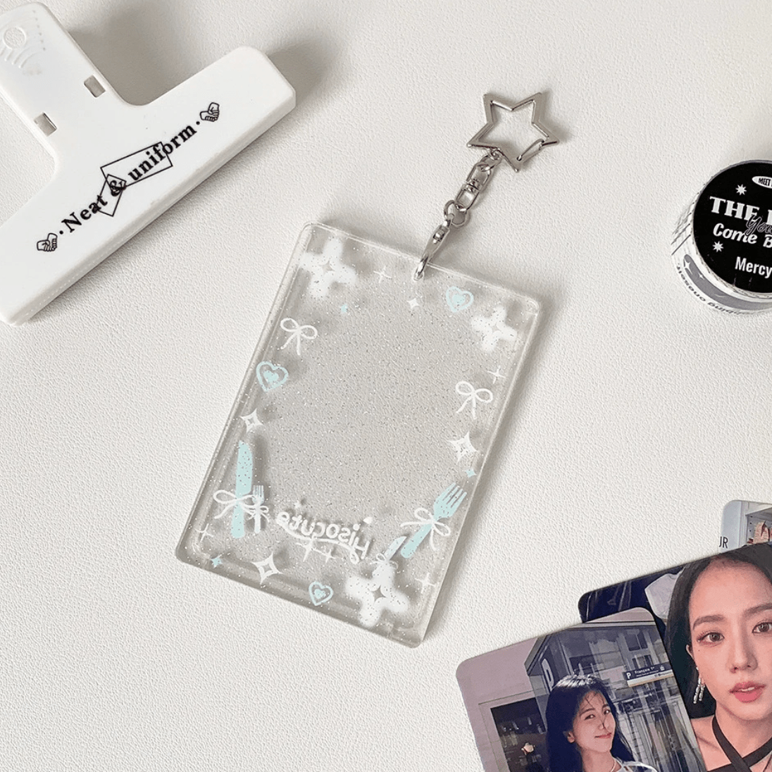 Glitter Star Heart Bow Kpop Keychain Acrylic Photocard Holder - ArtGalleryZen