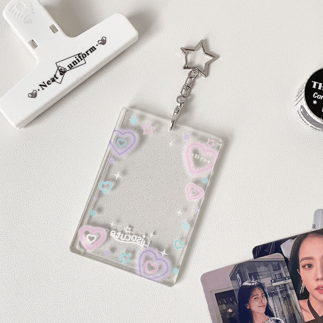 Glitter Star Heart Bow Kpop Keychain Acrylic Photocard Holder - ArtGalleryZen