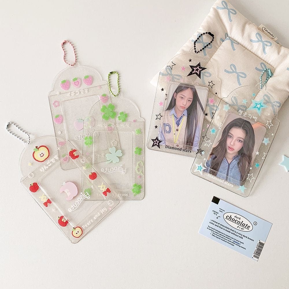 Glitter Strawberry Apple Lucky Clover Star Kpop Keychain Photocard Holder - ArtGalleryZen