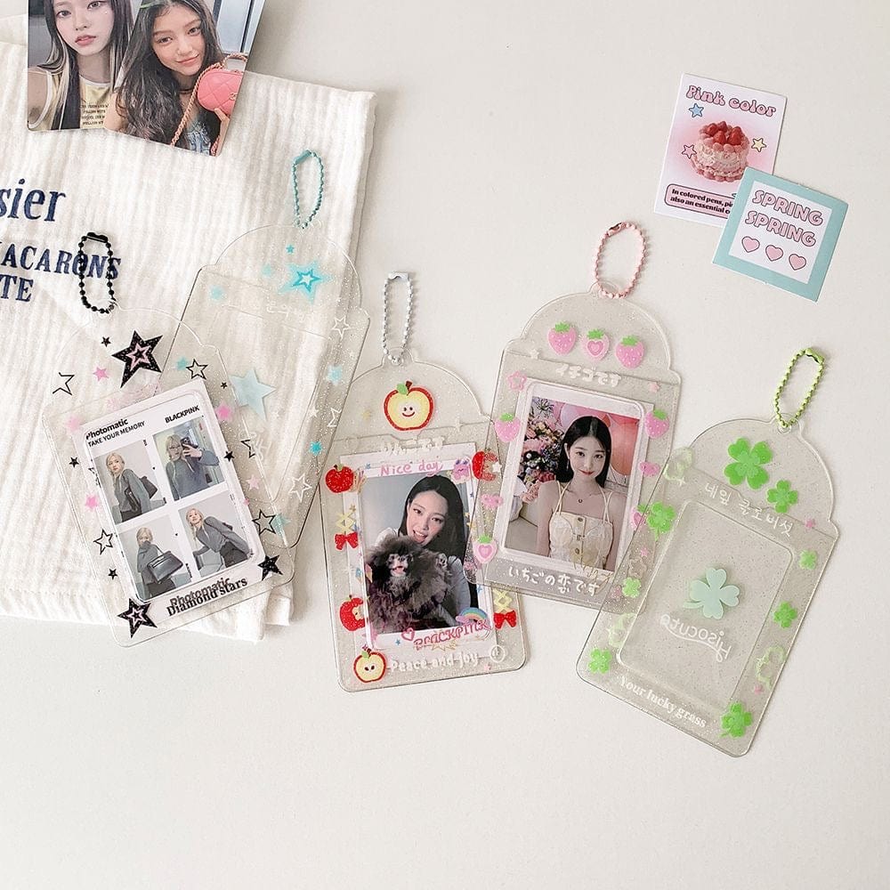 Glitter Strawberry Apple Lucky Clover Star Kpop Keychain Photocard Holder - ArtGalleryZen