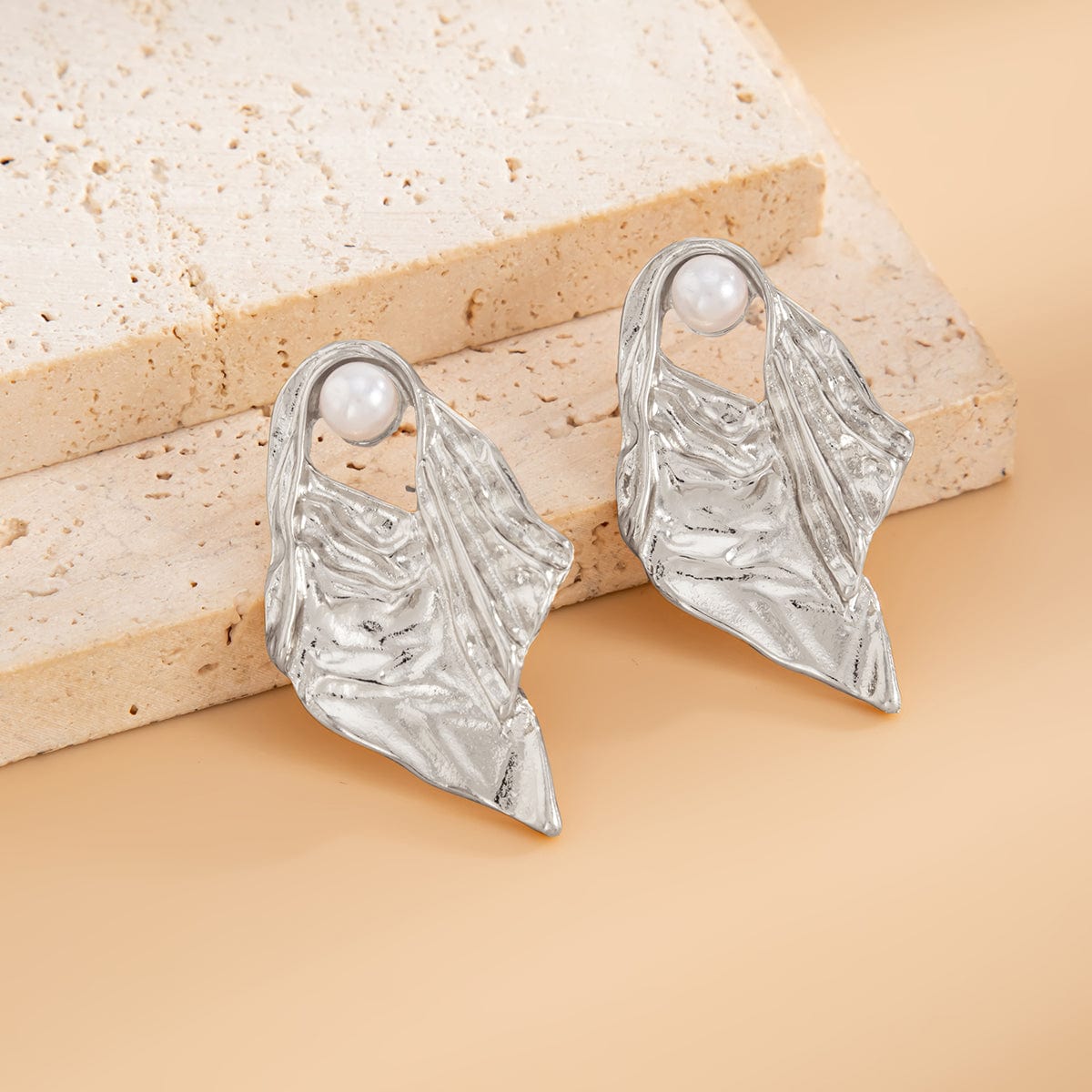 Gold Silver Tone Abstract Pattern Pearl Stud Earrings - ArtGalleryZen