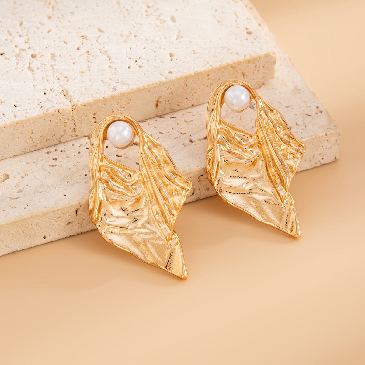 Gold Silver Tone Abstract Pattern Pearl Stud Earrings - ArtGalleryZen