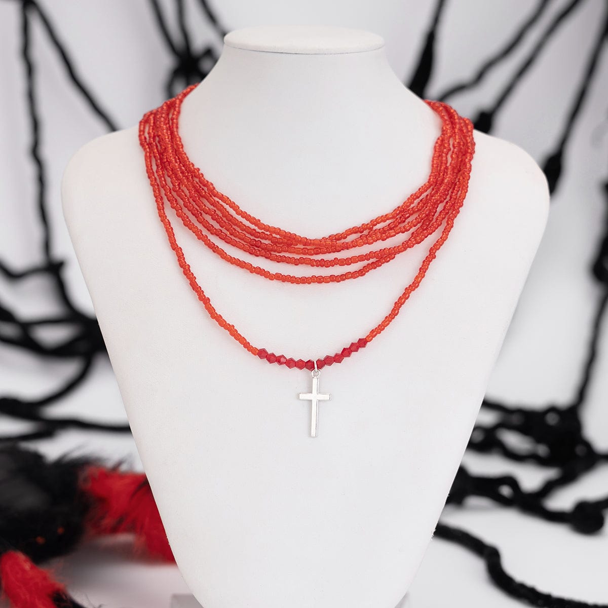 Gothic 2Pcs Crystal Beaded Cross Pendant Necklace Set - ArtGalleryZen