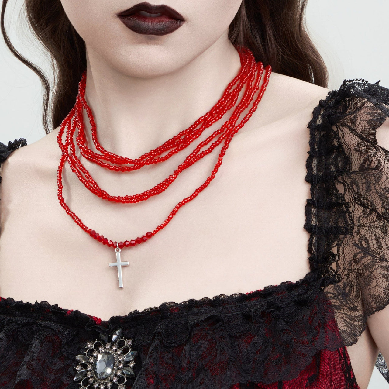 Gothic 2Pcs Crystal Beaded Cross Pendant Necklace Set - ArtGalleryZen