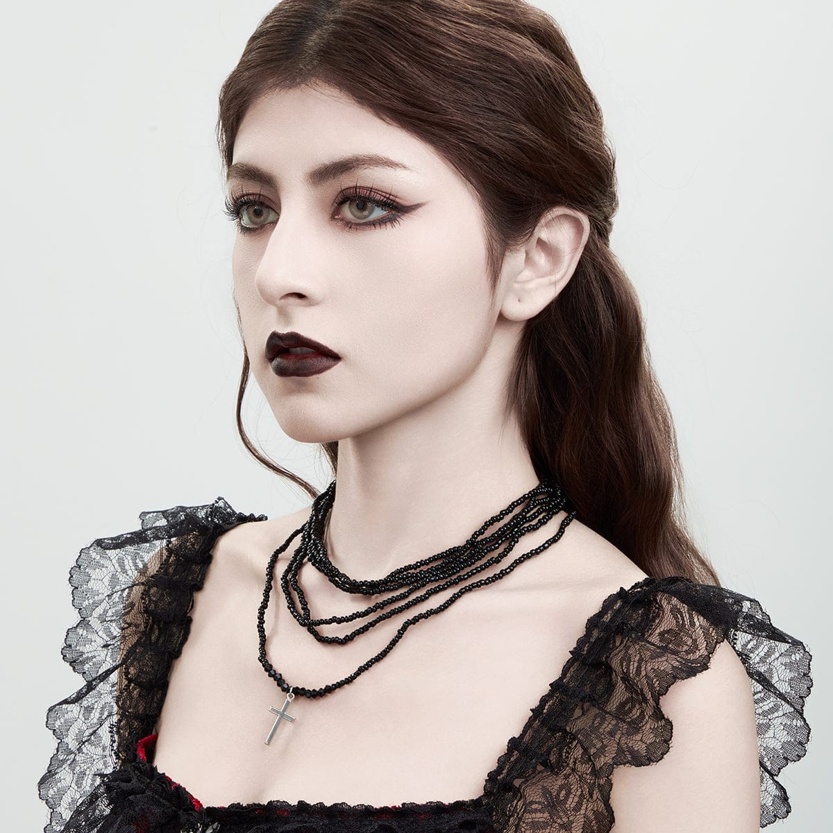 Gothic 2Pcs Crystal Beaded Cross Pendant Necklace Set - ArtGalleryZen