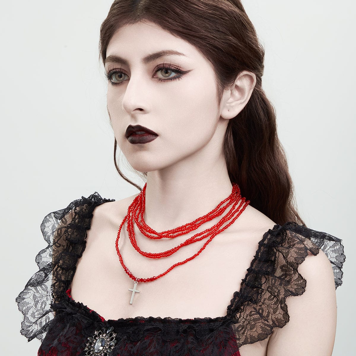 Gothic 2Pcs Crystal Beaded Cross Pendant Necklace Set - ArtGalleryZen