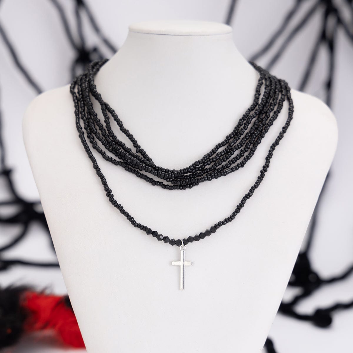 Gothic 2Pcs Crystal Beaded Cross Pendant Necklace Set