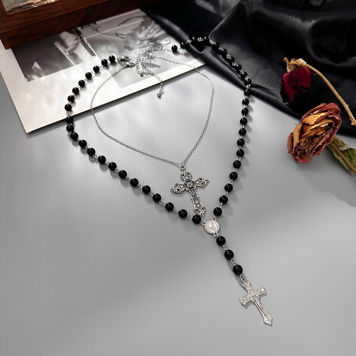Gothic 2pcs Floral Cross Pendant Ball Chain Necklace Set - ArtGalleryZen