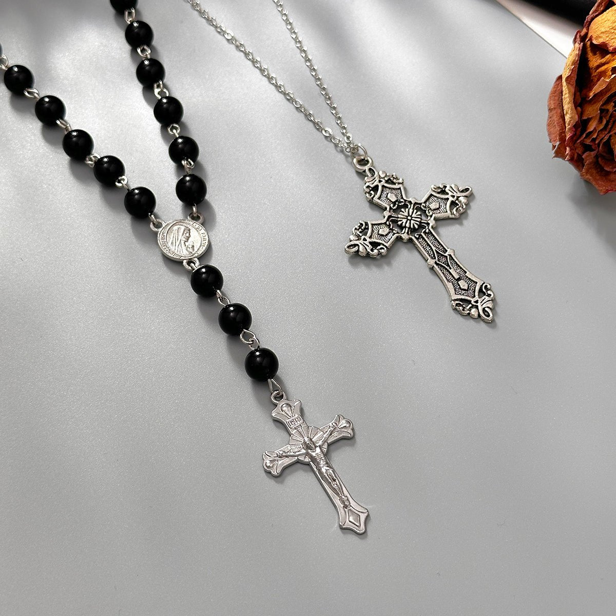 Gothic 2pcs Floral Cross Pendant Ball Chain Necklace Set - ArtGalleryZen