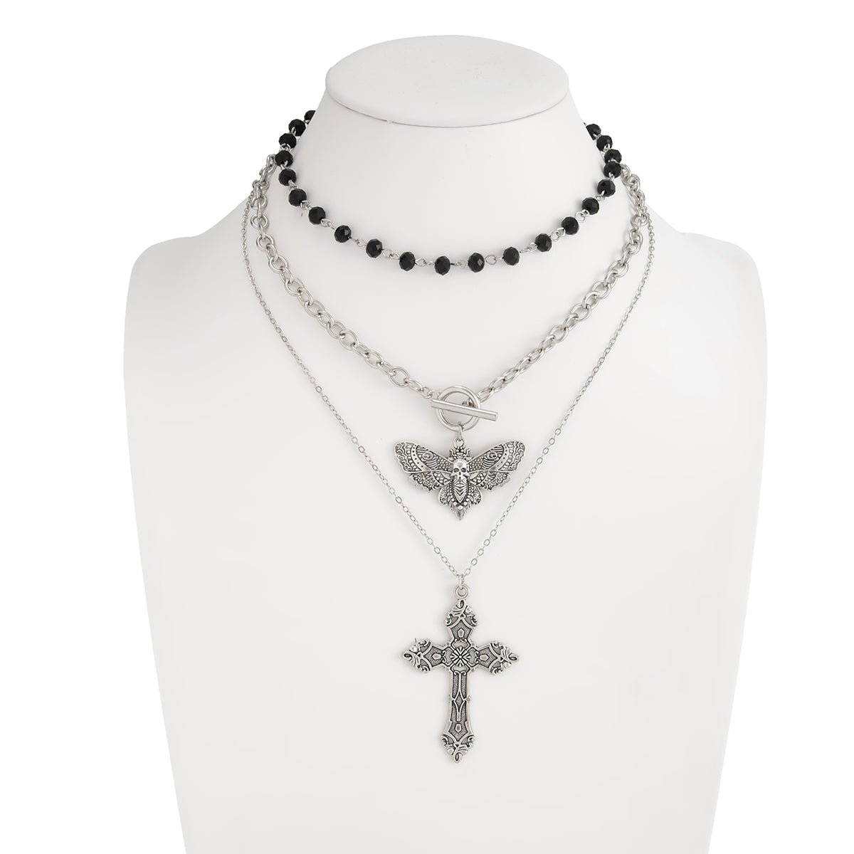 Gothic 3pcs Cross Skull Butterfly Pendant Crystal Chain Necklace Set - ArtGalleryZen