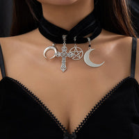 Thumbnail for Gothic 4pcs Moon Cross Round Star Pendant Velvet Choker Necklace Set - ArtGalleryZen